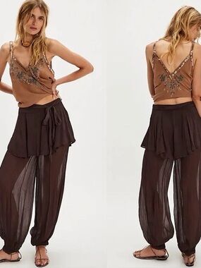 NWT New $128 Free People Tongue Tied Sheer Espresso Balloon Pants Size Small
